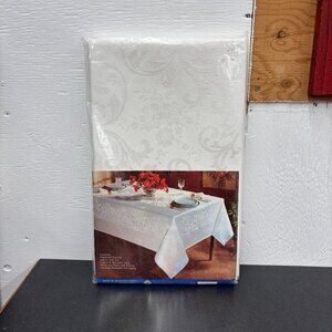 Vintage White Damask Tablecloth 63" x 84" Cotton Polyester Permanent Press